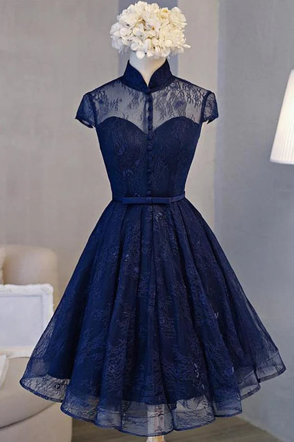 A-line high neck lace short sleeve knee-length homecoming dress.