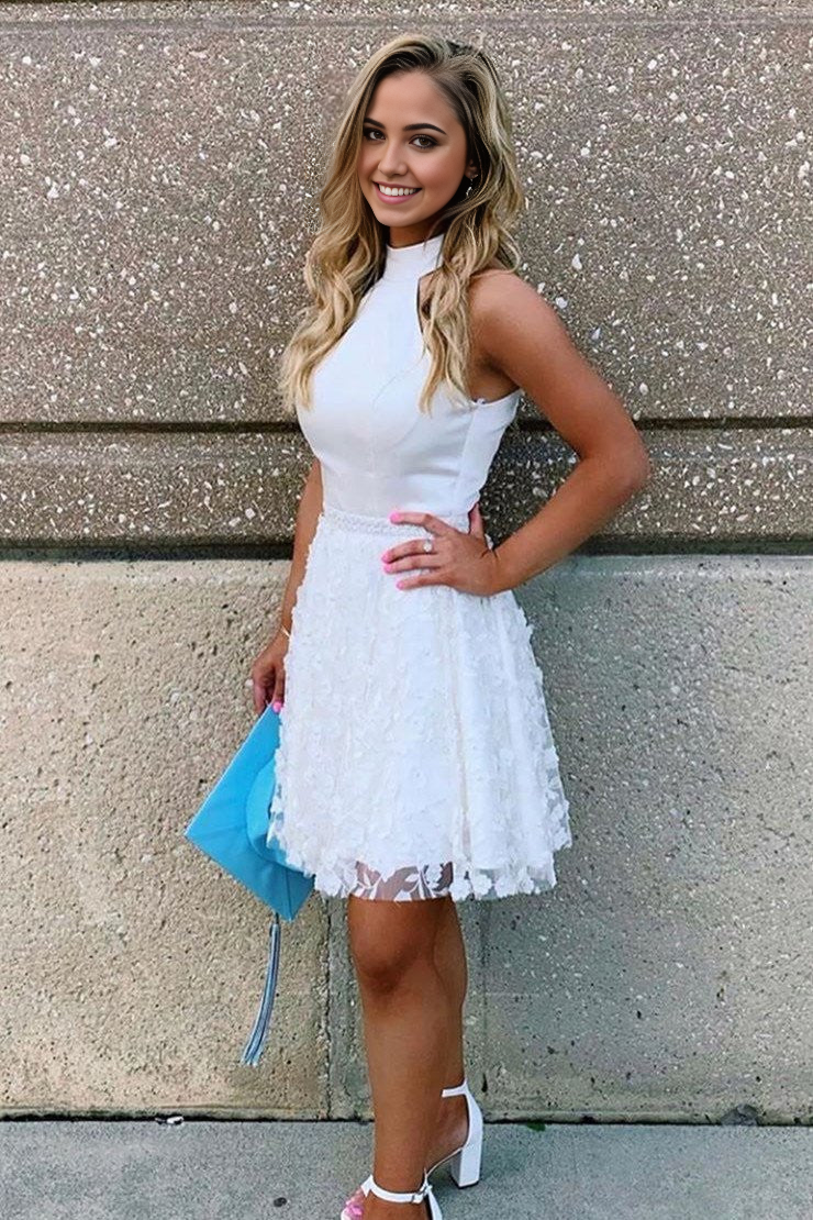 Woman wearing a white A-line high neck short dress.
