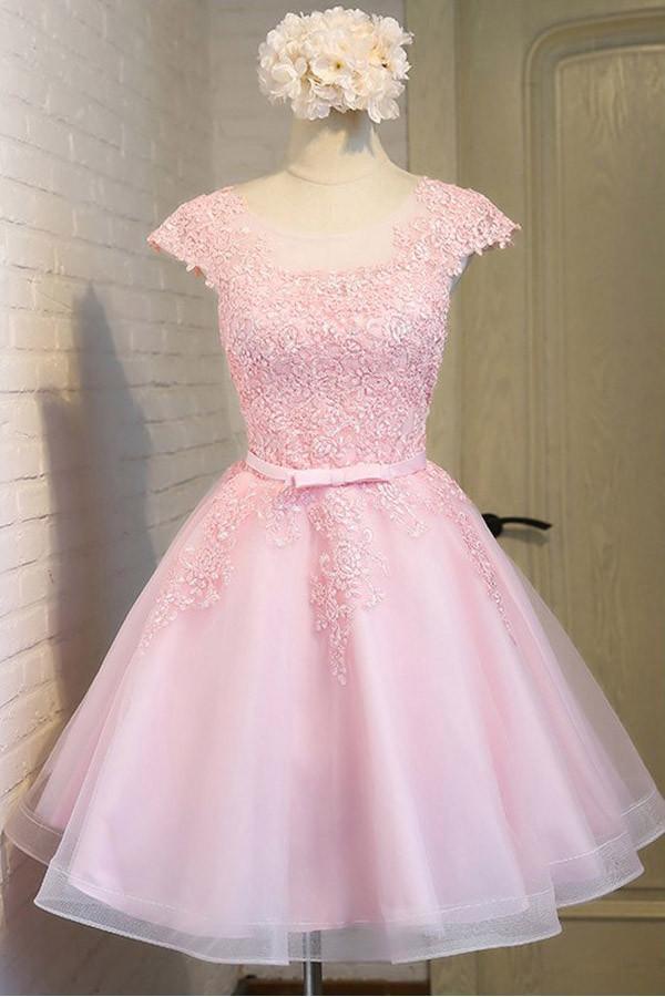 Elegant pink A-line lace and tulle short homecoming dress.