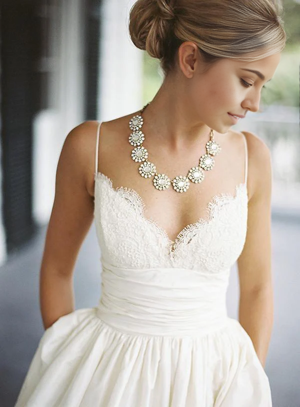 Close-up of delicate lace detail on a V-neck wedding dress.
