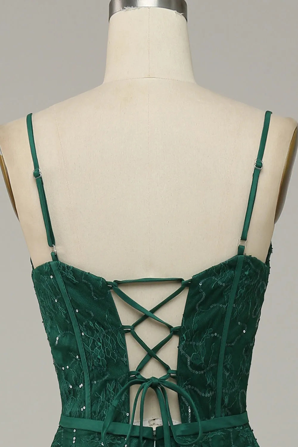 Full length view of the A-line lace prom dress, highlighting its flowing silhouette.