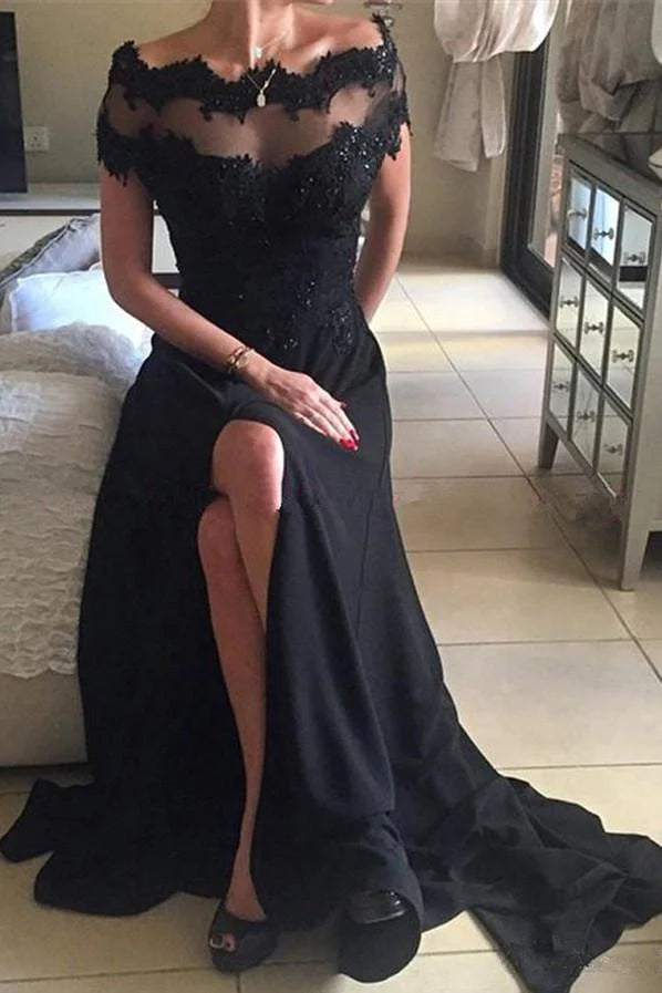 Woman wearing an elegant A-line off-shoulder prom dress with intricate beading, lace details, and a high leg split.