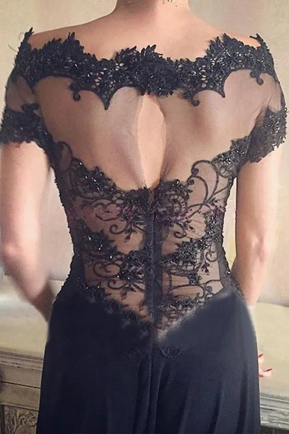 Close-up of the A-line off-shoulder prom dress, highlighting the beaded bodice and lace accents.