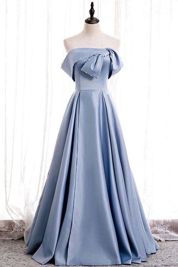 Elegant A-line off-shoulder beaded satin maxi prom dress.
