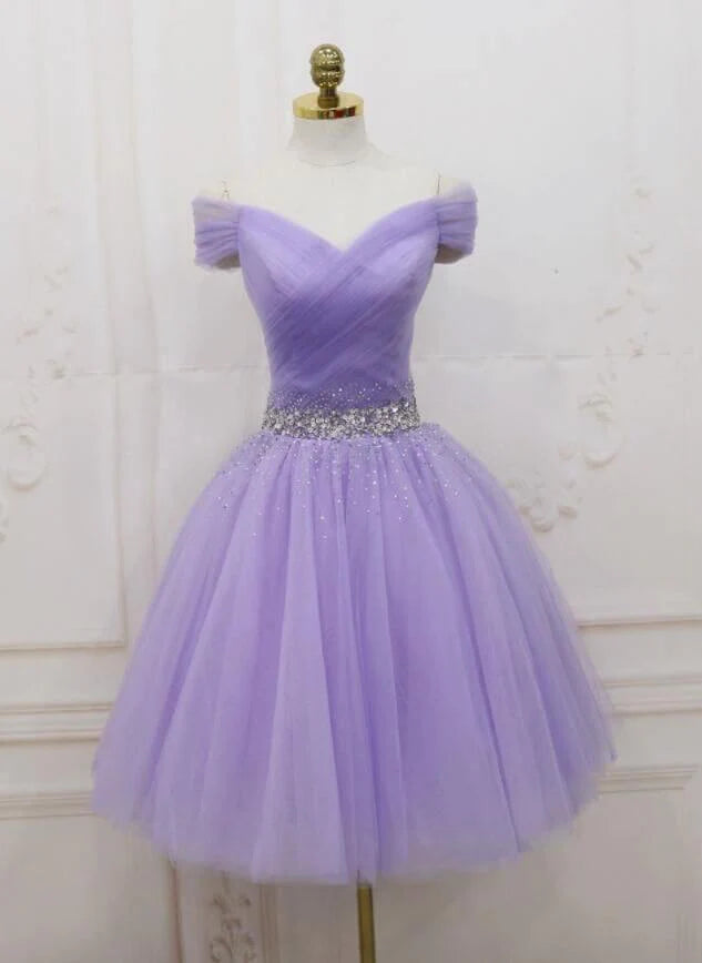 Purple A-line off-shoulder tulle dress with beaded details.