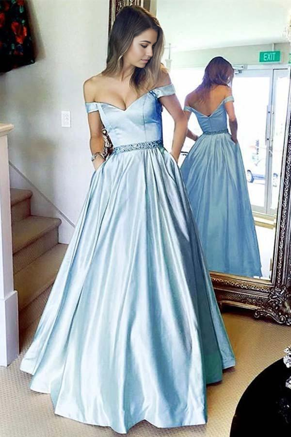 Elegant A-line off-shoulder blue long prom dress with a visible pocket.