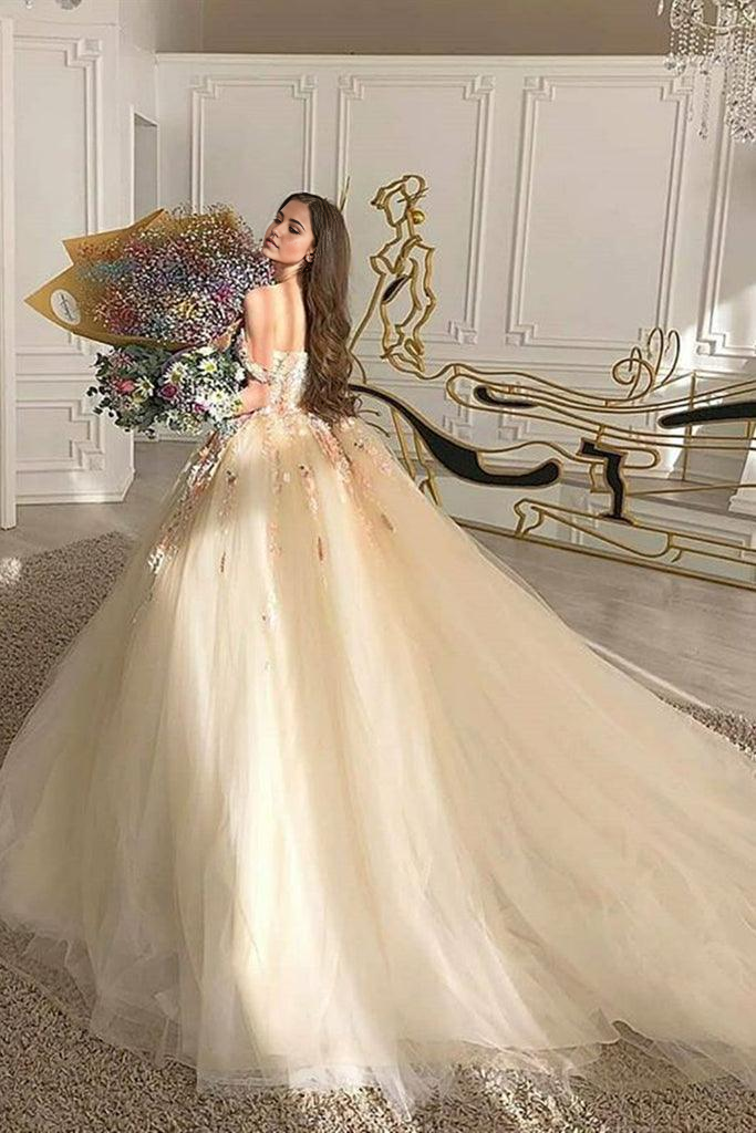 Full view of A-line off-shoulder champagne lace floral gown.