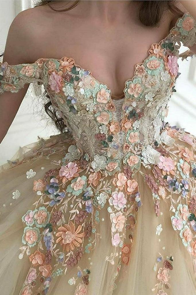 Back view of elegant A-line off-shoulder champagne prom dress.