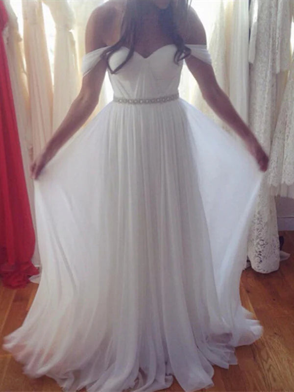 Elegant A-line off-shoulder chiffon dress for formal occasions.