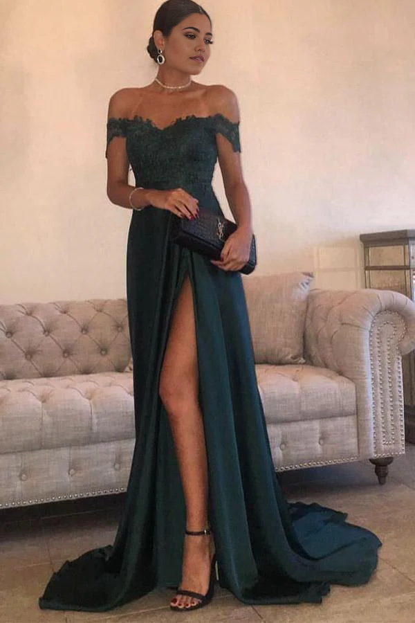 Dark green A-line off-shoulder prom dress with a split.