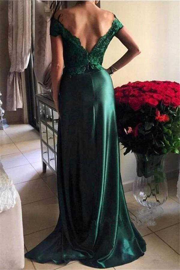 Model wearing a dark green off-the-shoulder split evening dress.