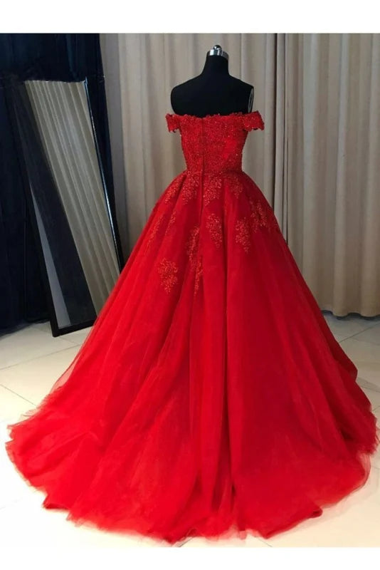 Back view of the long tulle prom dress with delicate lace details.