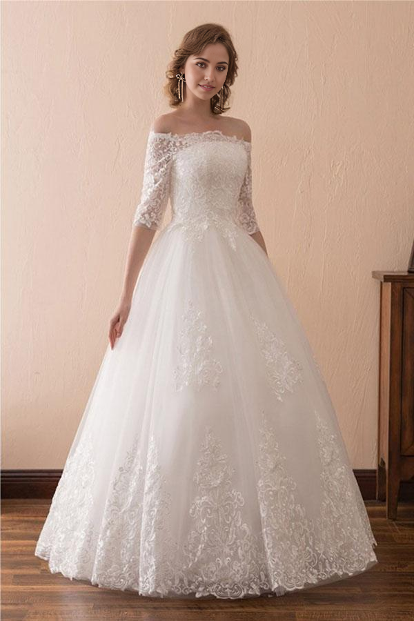Elegant A-line off-shoulder lace ball gown wedding dress with half sleeves.