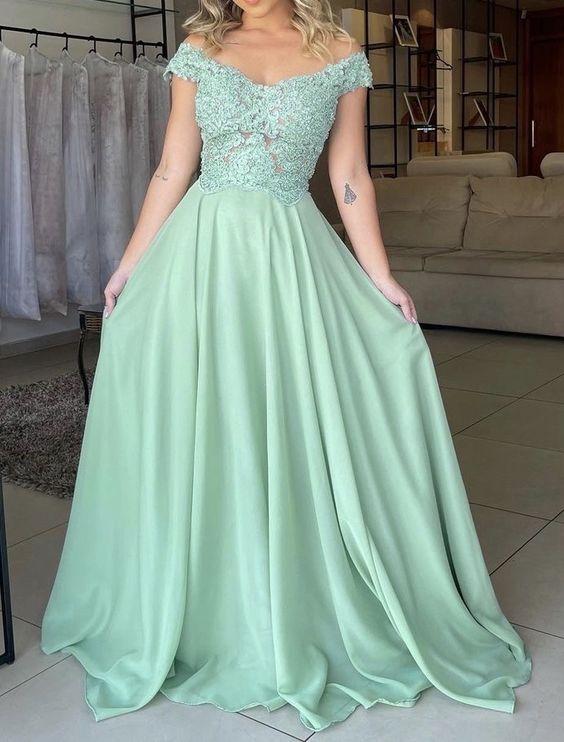 A-line off-shoulder lace and chiffon prom dress in sage green.