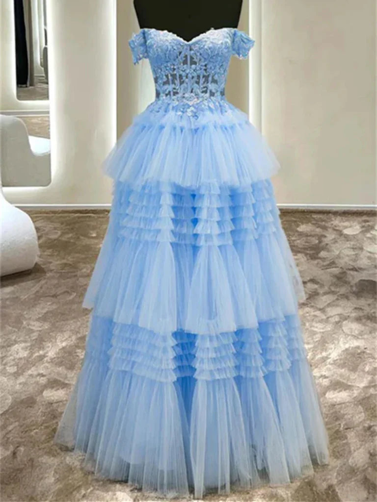 Front view of an elegant A-line off-shoulder lace long prom dress.
