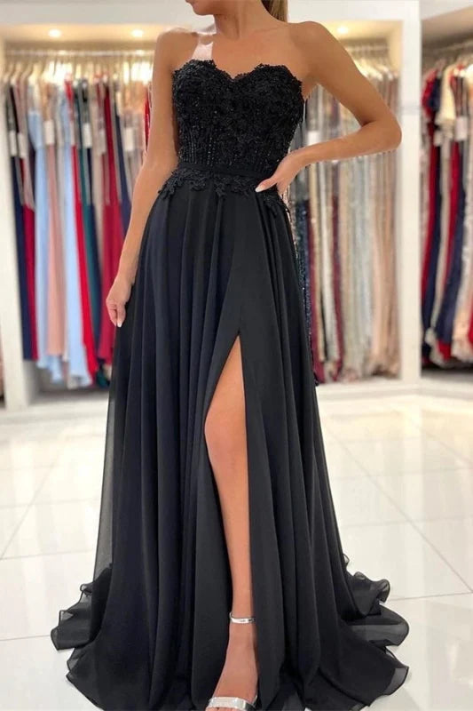 Woman wearing an elegant A-line off-shoulder lace front split maxi prom dress.
