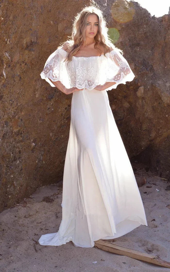 Elegant A-line off-shoulder lace jersey wedding dress.