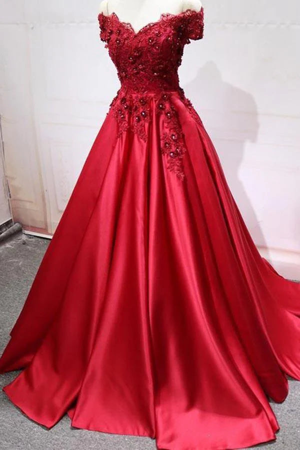 Elegant A-line off-shoulder lace long prom dress.