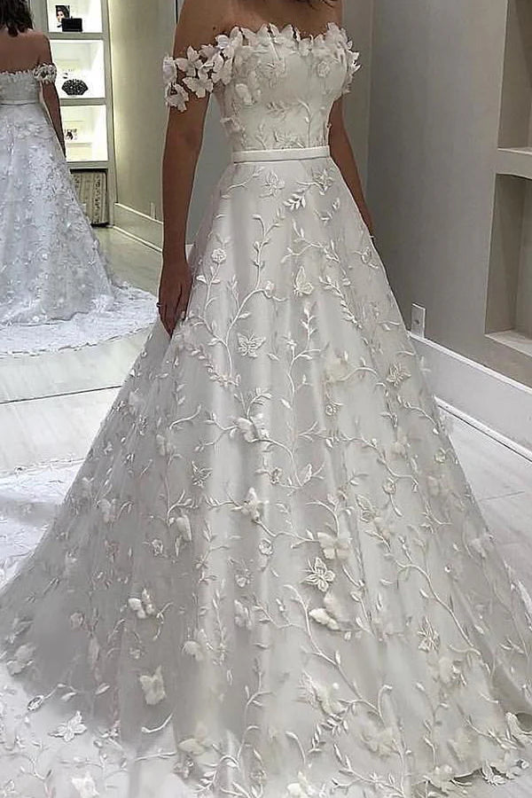 A-line off-shoulder lace long wedding dress.