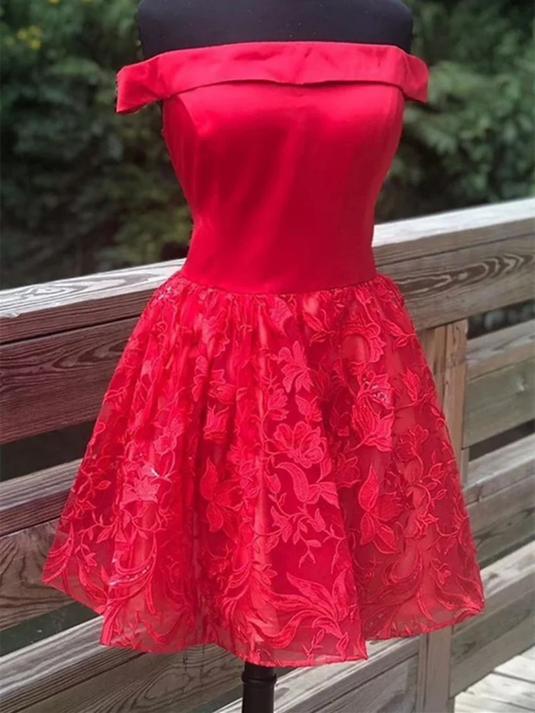 A-line off-shoulder short lace homecoming dress.