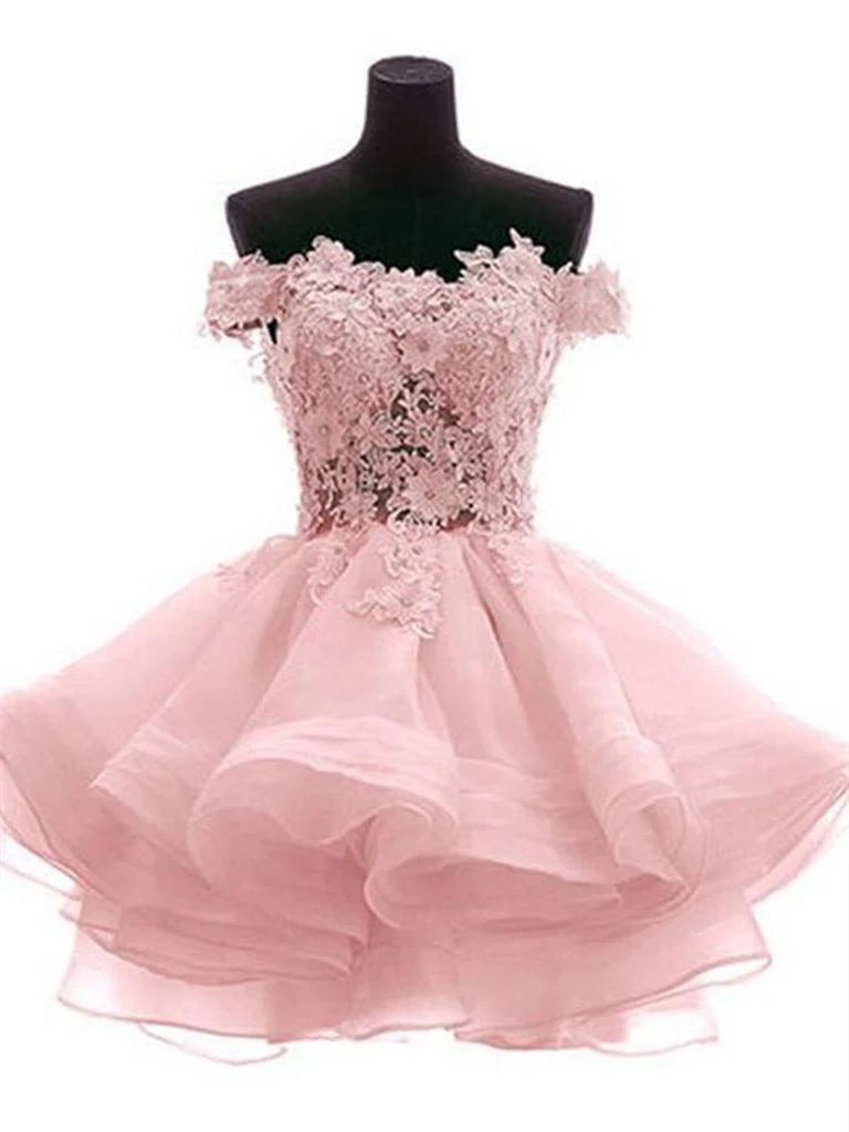 A-line off-shoulder short dress with lace details.