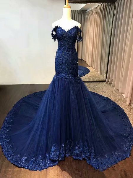Elegant A-line off-the-shoulder navy blue lace and tulle prom dress.