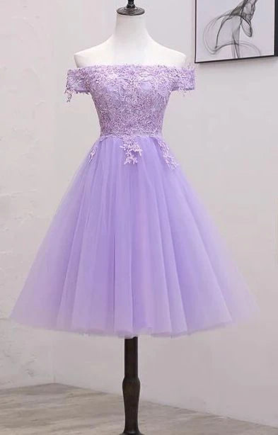 A-line off-shoulder lace tulle short dress for homecoming.