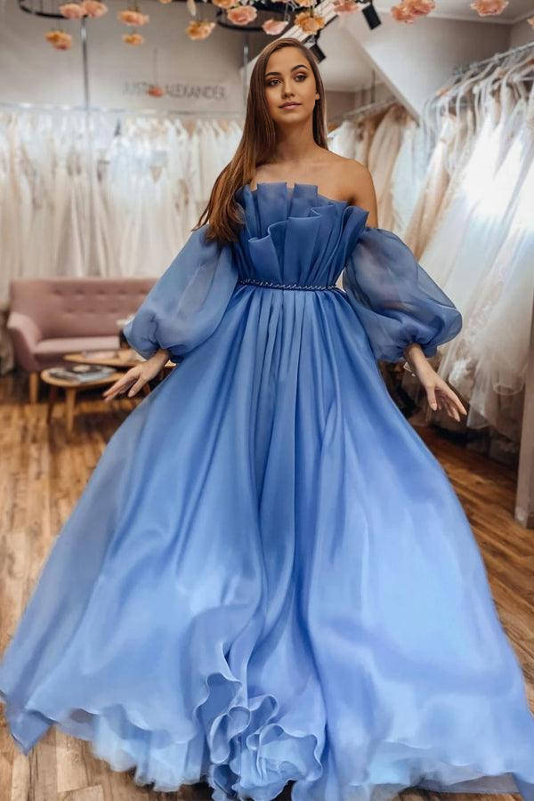 Blue A-line off-shoulder long sleeve prom dress.