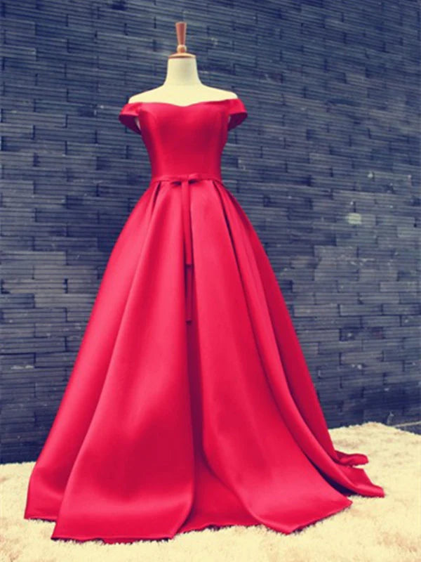 Elegant red A-line off-shoulder long prom gown.
