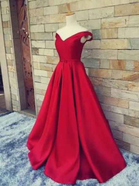 Stunning red off-shoulder formal evening dress.