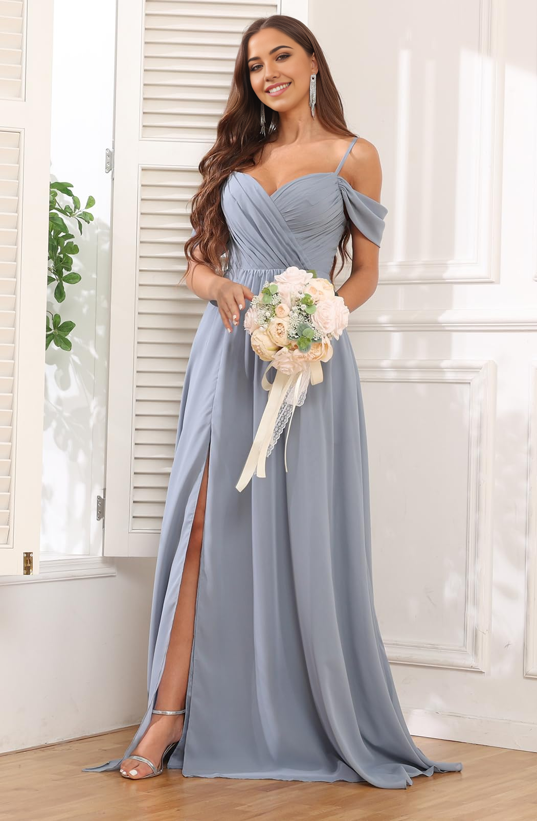 Full-length view of an elegant A-line off-shoulder chiffon dress with ruching, slit, and pockets.
