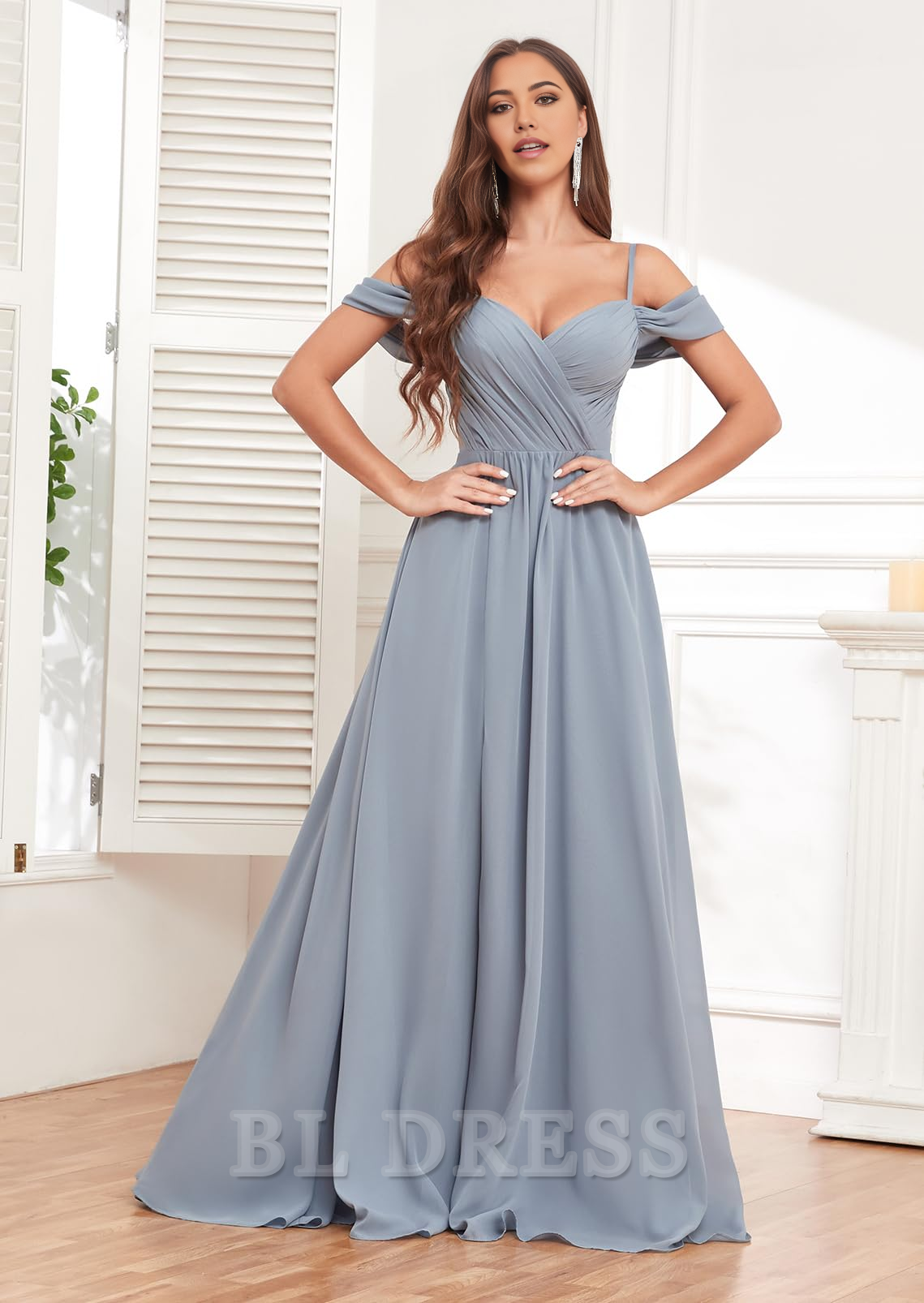 Close-up of the off-shoulder neckline and ruched bodice of the chiffon formal dress.