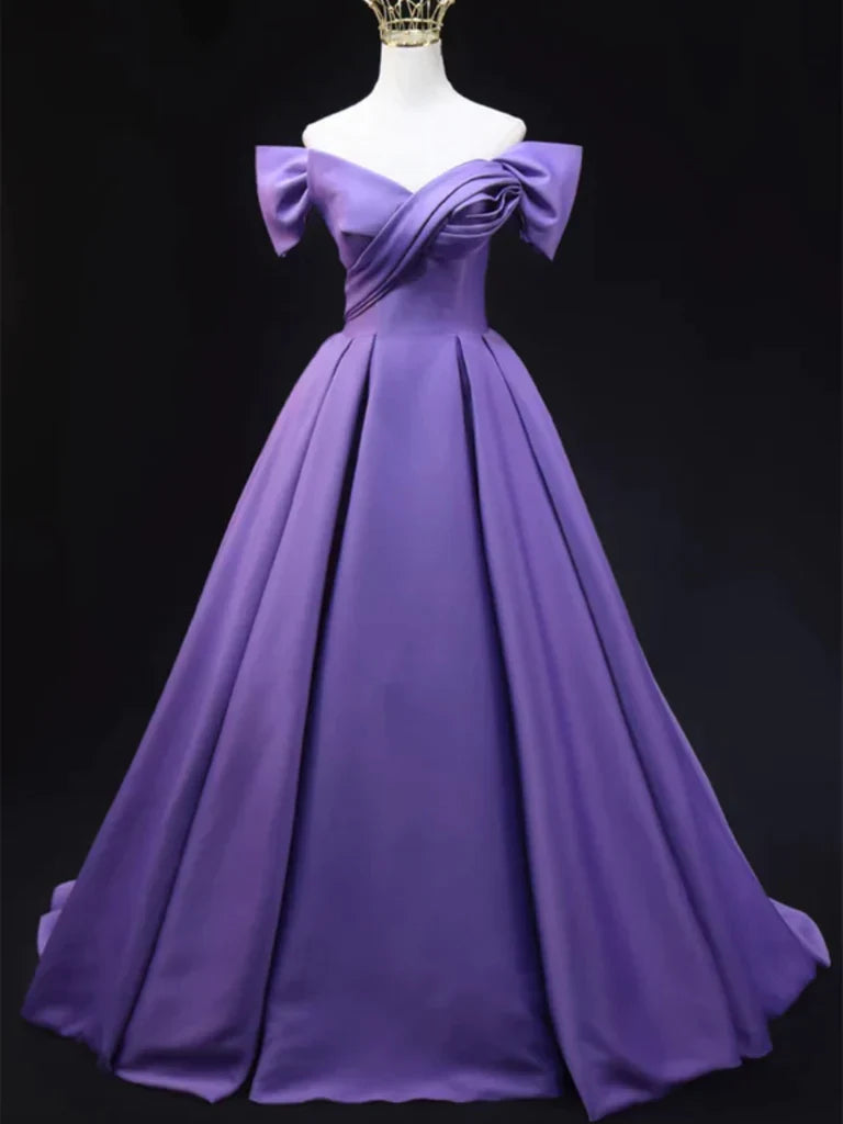 Elegant A-line off-shoulder satin long prom dress.