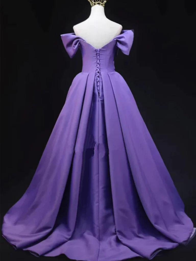 Back view of A-line off-shoulder satin long prom dress.