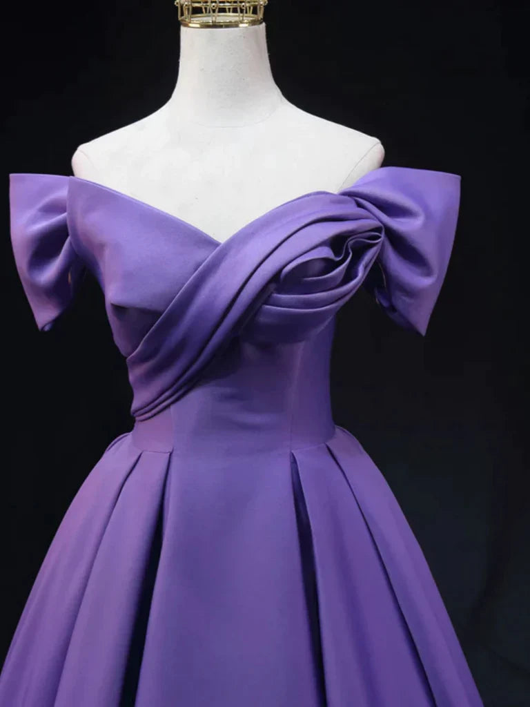 Side view of A-line off-shoulder satin long prom dress.