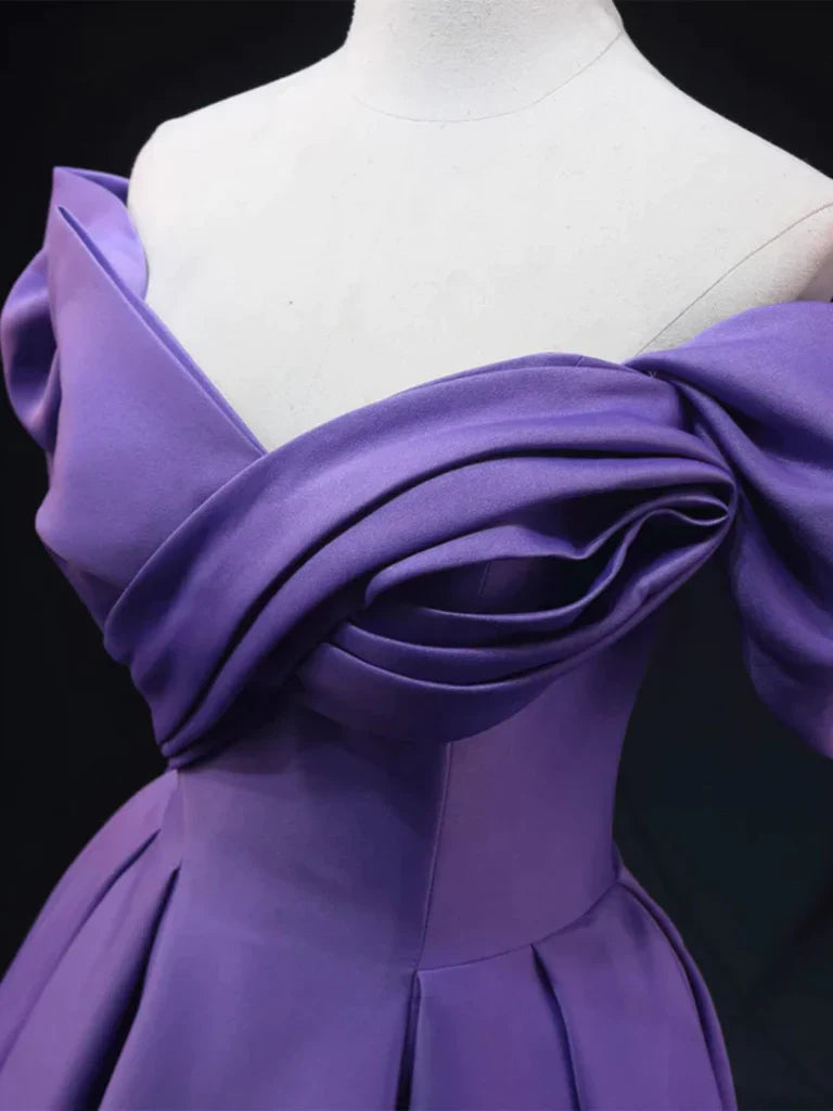 Model wearing A-line off-shoulder satin long prom dress.