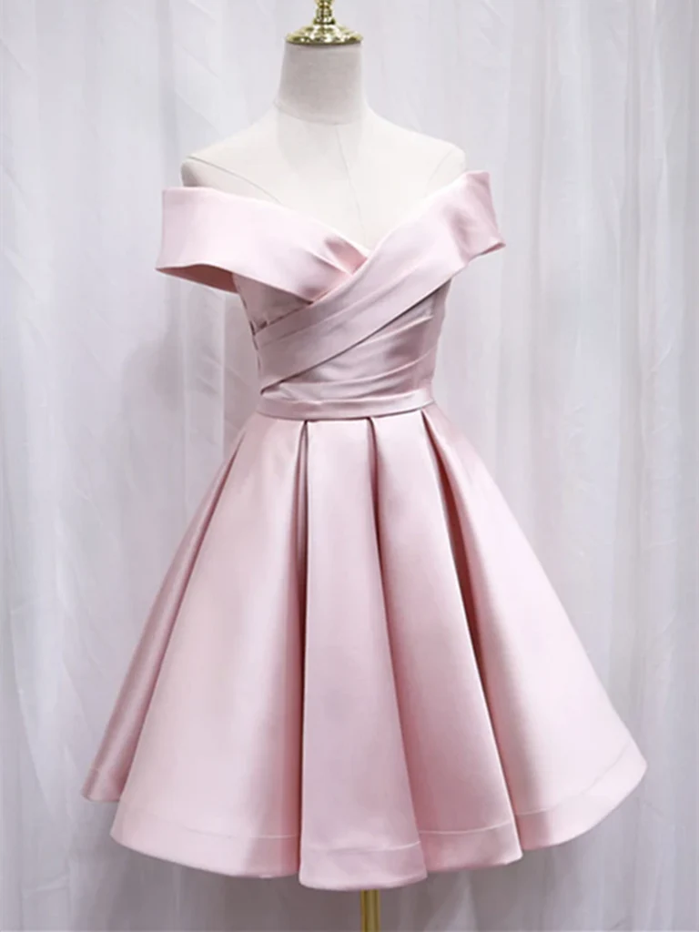 A-line off-shoulder satin short dress for prom.