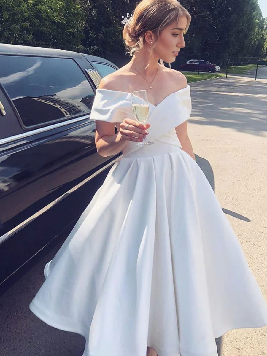 Elegant A-line off-shoulder satin tea length wedding dress.