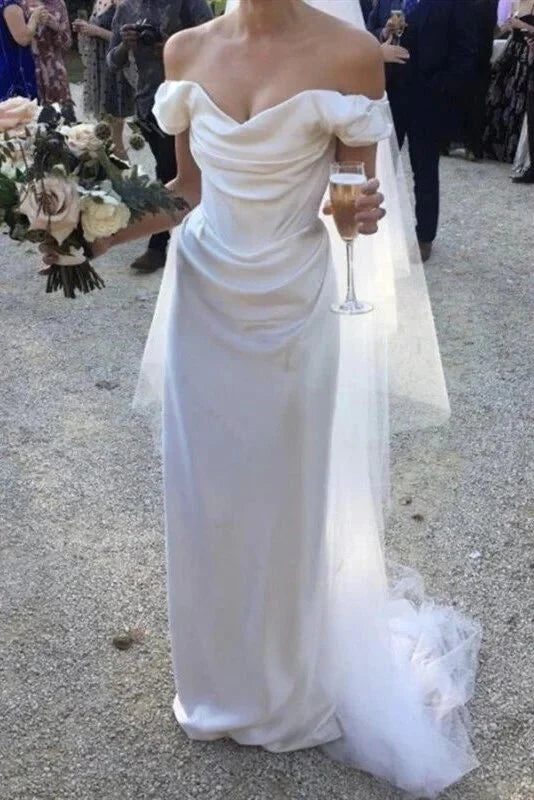 Elegant A-line off-shoulder satin wedding dress.