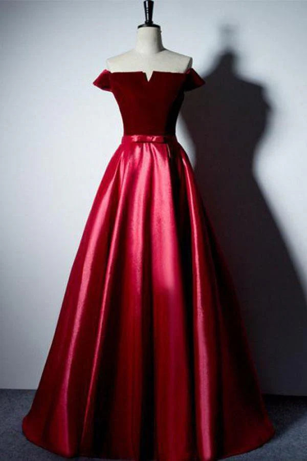 Elegant A-line long prom dress with an off-shoulder neckline.