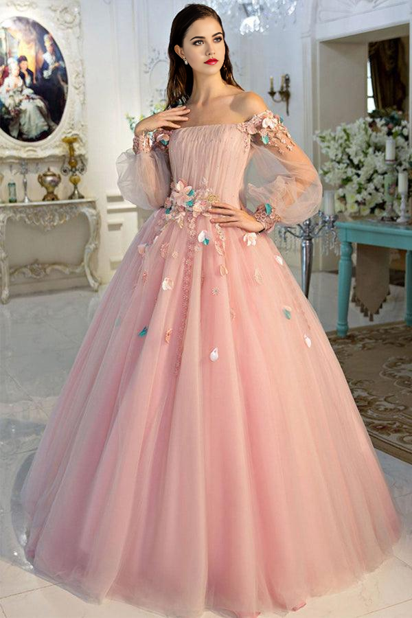 Back view of the sweet pink A-line off-shoulder long prom dress.