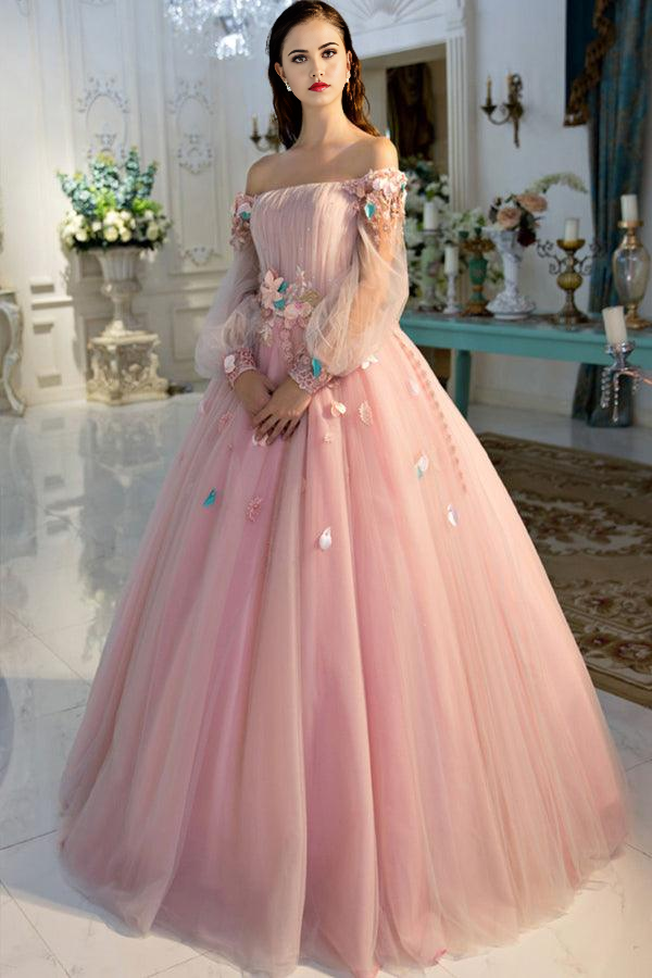 Side view of the sweet pink A-line off-shoulder long prom dress.