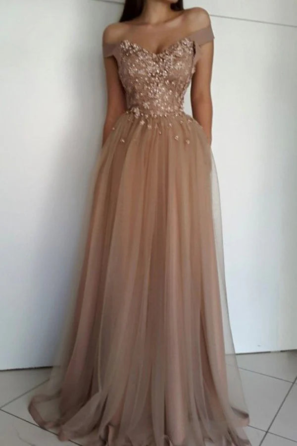 Elegant A-line long prom dress with off-the-shoulder sweetheart neckline, lace, and beading.
