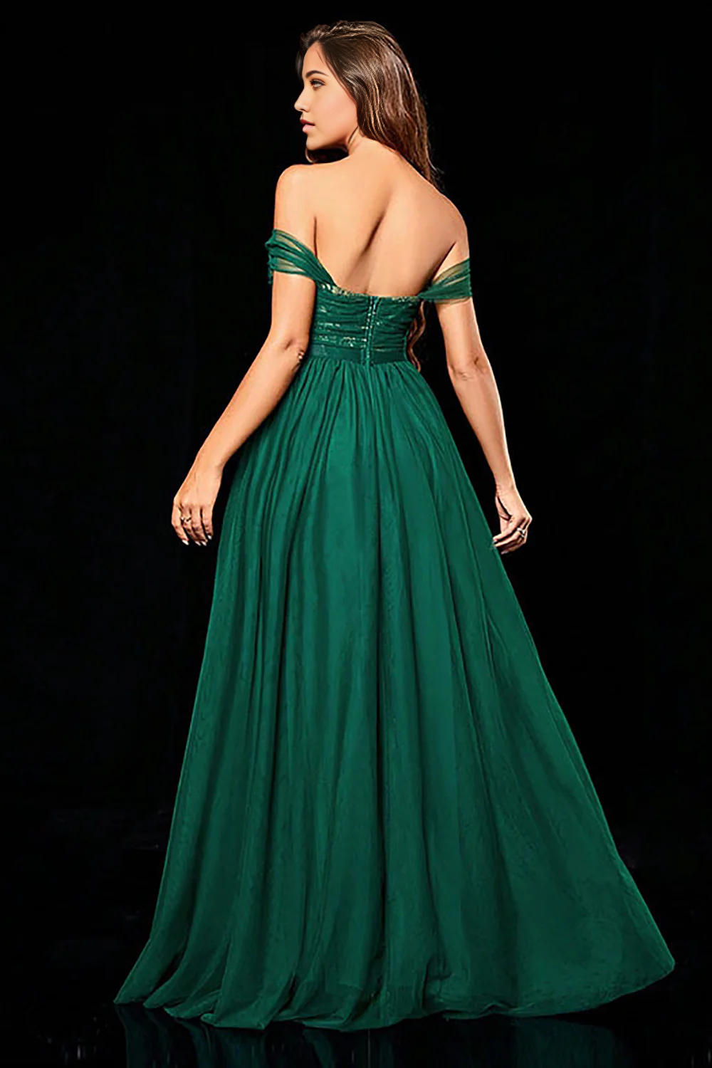 Back view of the A-line off-shoulder tiered dress, showcasing ruffle details.