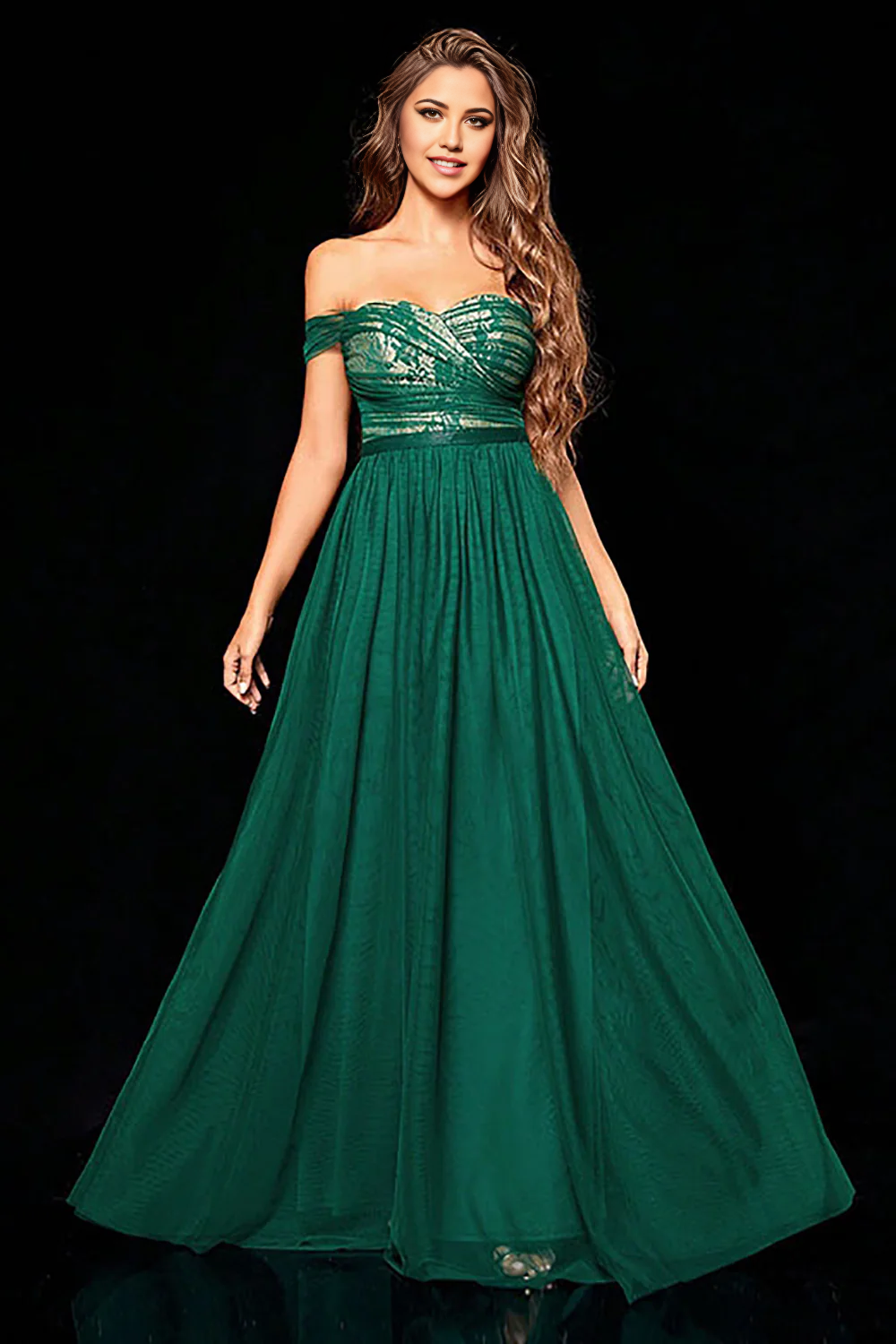 Side view of the A-line off-shoulder dress, highlighting its flowing silhouette.