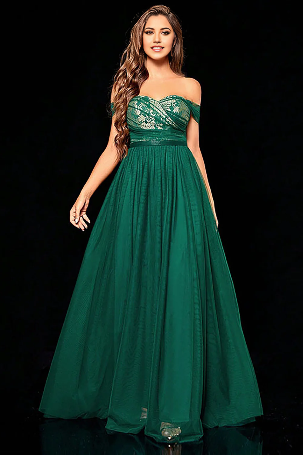 Model posing in the elegant off-shoulder tiered gown, showing full length.