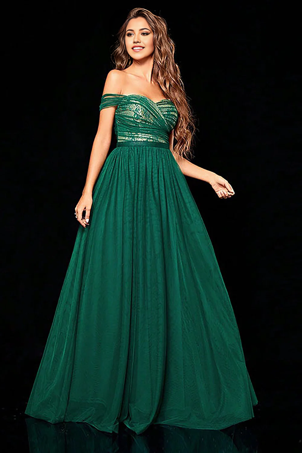 Detailed view of the off-shoulder neckline and ruffled tiers on the A-line dress.