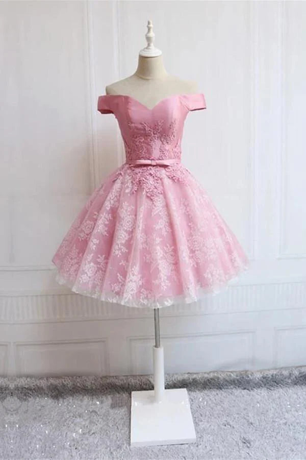 Elegant A-line off-shoulder tulle homecoming dress with appliques.
