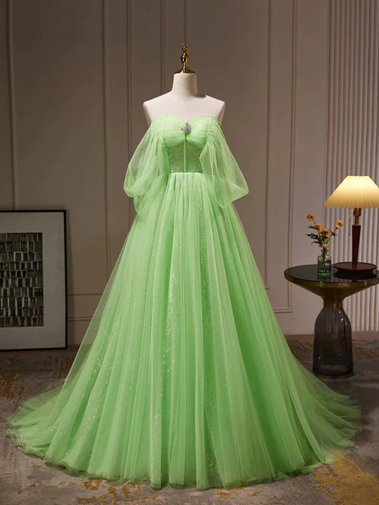 Front view of an elegant A-line off-shoulder tulle long prom dress.