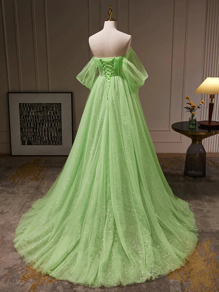Back view of the elegant A-line off-shoulder tulle long prom dress.